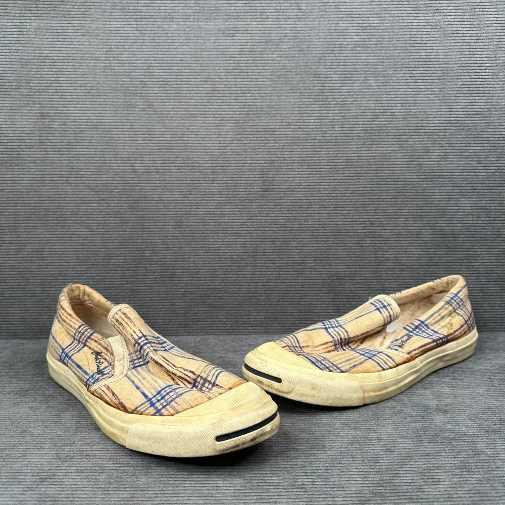 Converse Jack Purcell Mens 10 Slip On Plaid Tan Blue Textile Sneakers 1Q2811